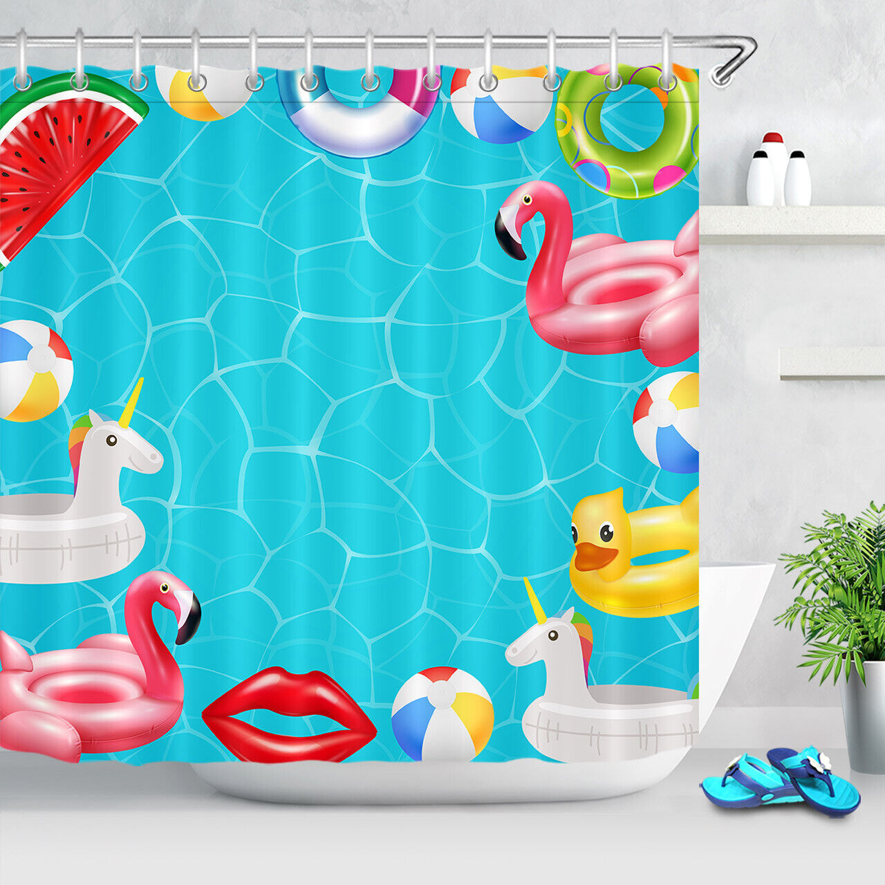 Colorful And Vibrant Swimming Flamingo Shower Curtain, Perfect Bathroom Decor For Animal Lovers