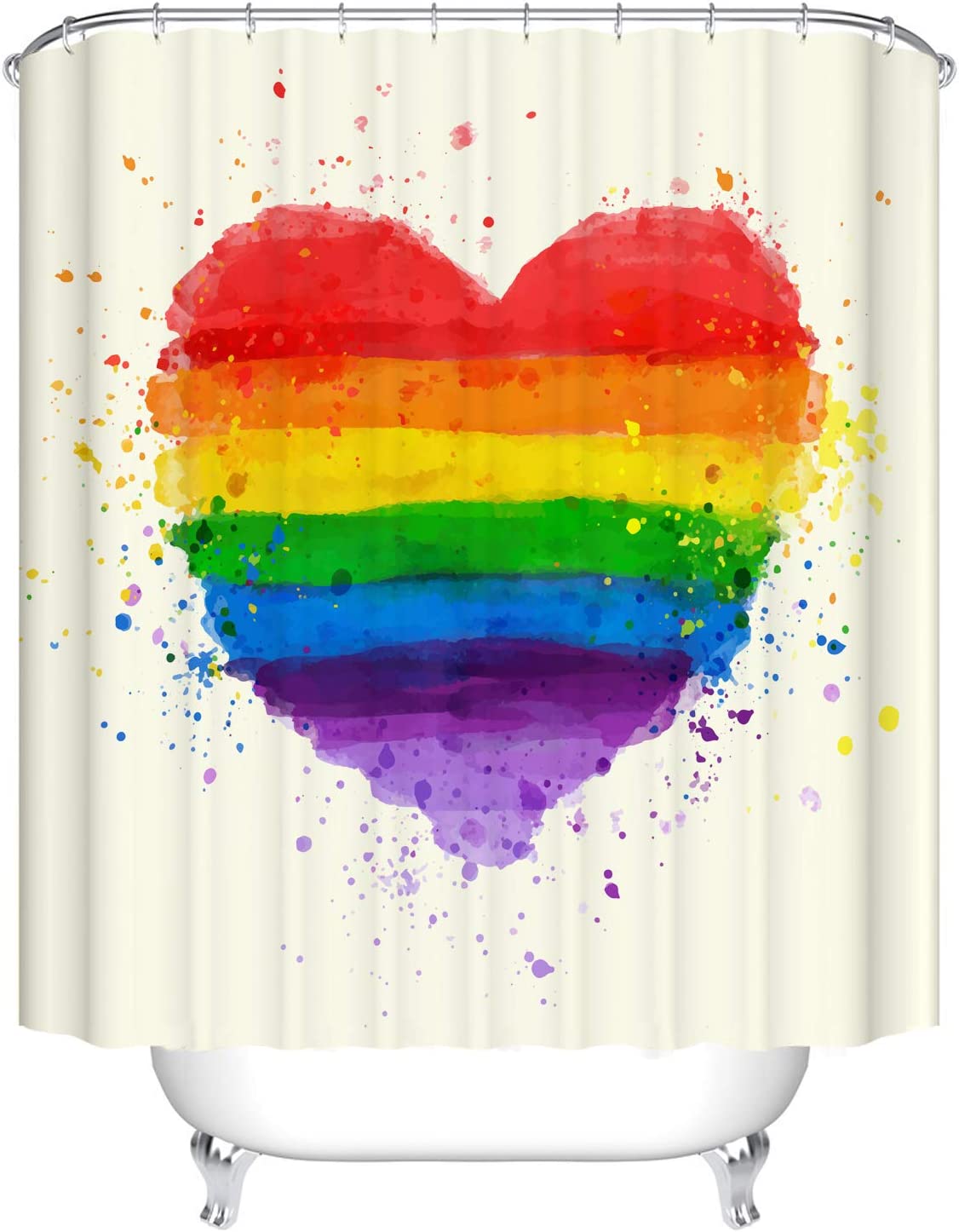 Colorful And Waterproof Rainbow Love Heart Bathroom Curtain
