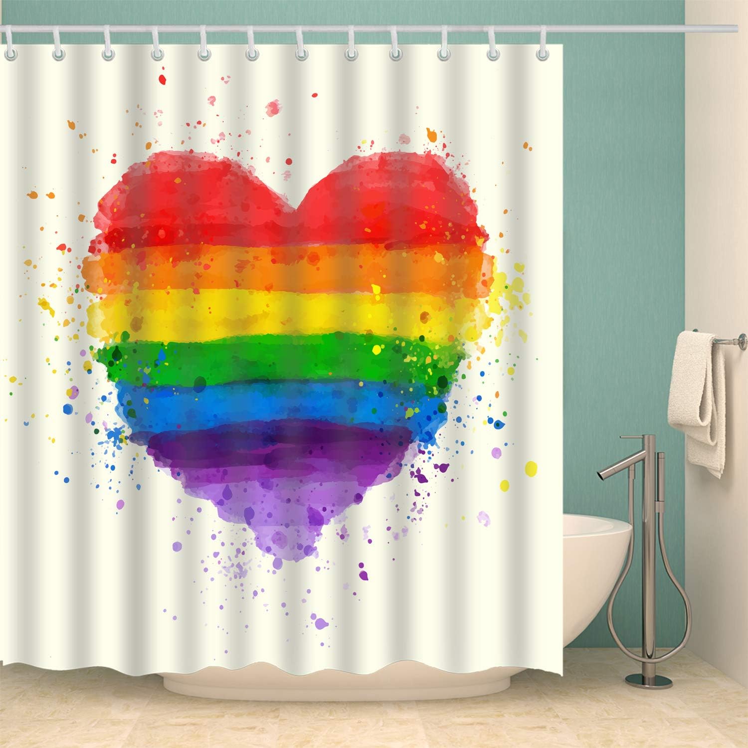 Colorful And Waterproof Rainbow Love Heart Bathroom Curtain - Image 2