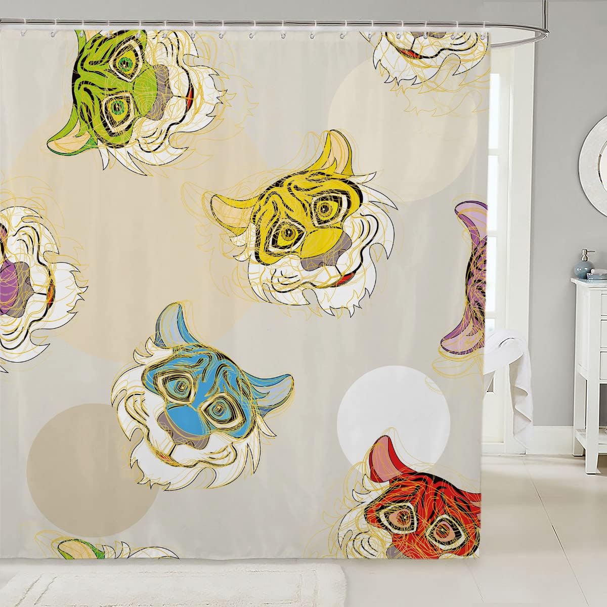 Colorful Animal Sketch Tiger Jungle Print Fabric Shower Curtain