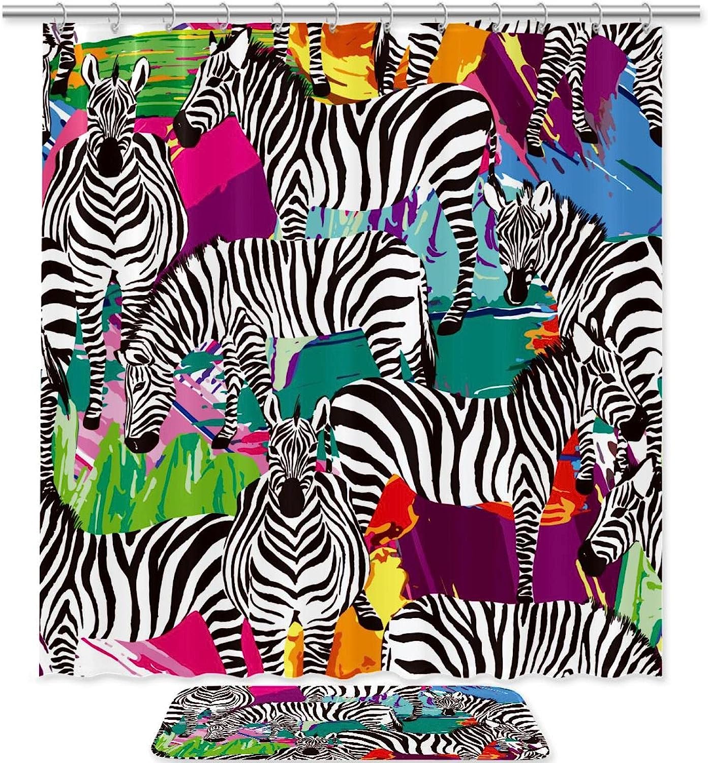 Colorful Animal Zebras Print Shower Curtain For Bathroom Tub Set