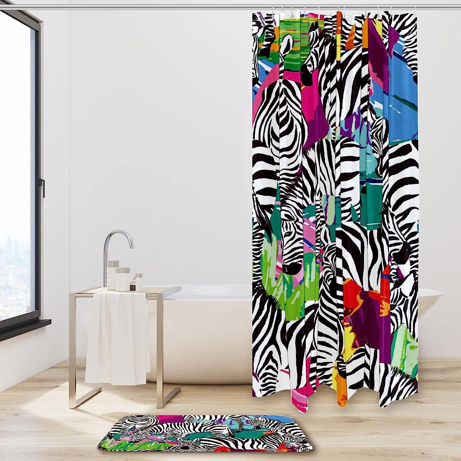 Colorful Animal Zebras Print Shower Curtain For Bathroom Tub Set - Image 2