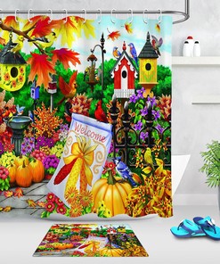 Colorful Autumn Flower Shower Curtain with Pumpkin and Maple for a Seasonal Bathroom