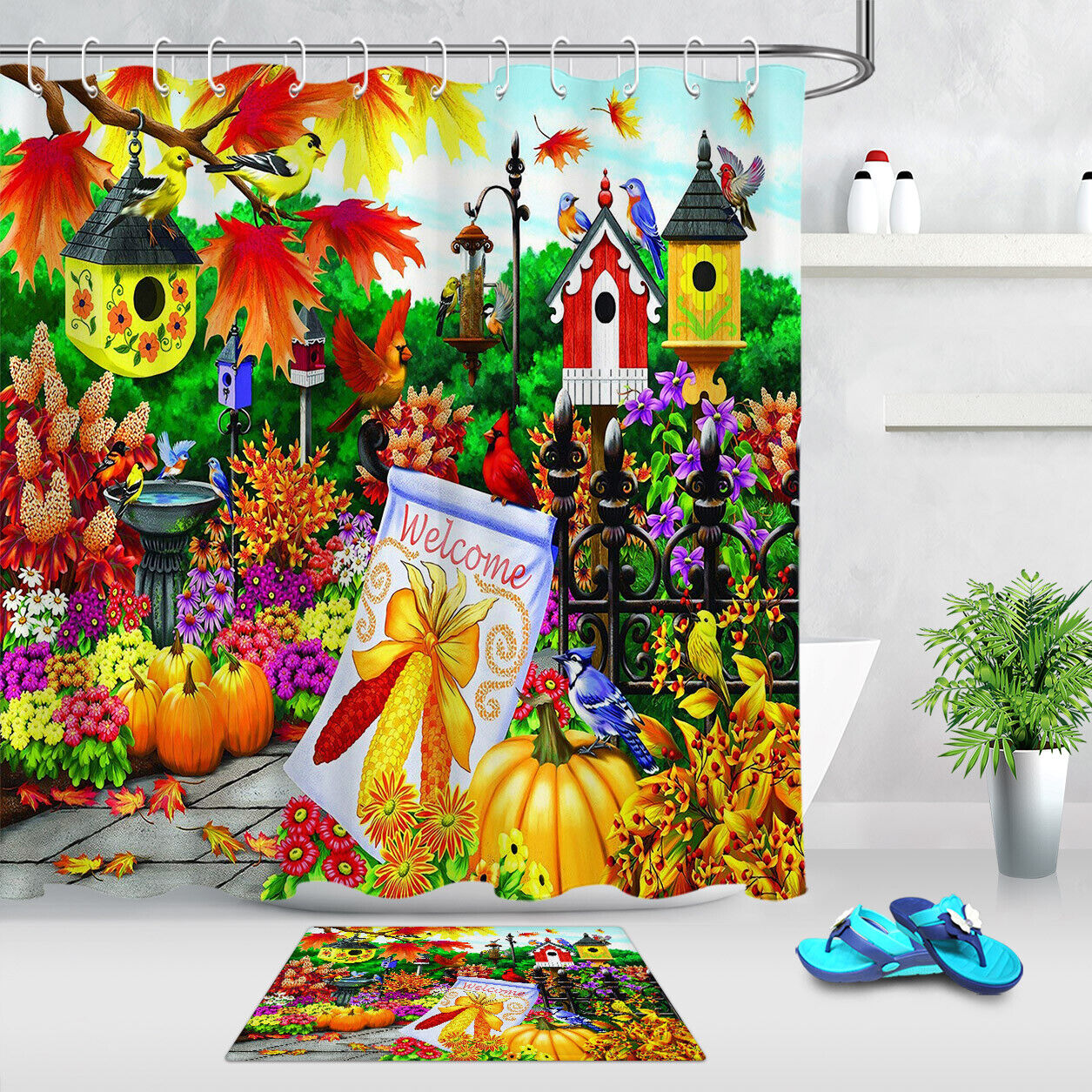Colorful Autumn Flower Shower Curtain with Pumpkin and Maple for a Seasonal Bathroom