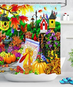 Colorful Autumn Flower Shower Curtain with Pumpkin and Maple for a Seasonal Bathroom