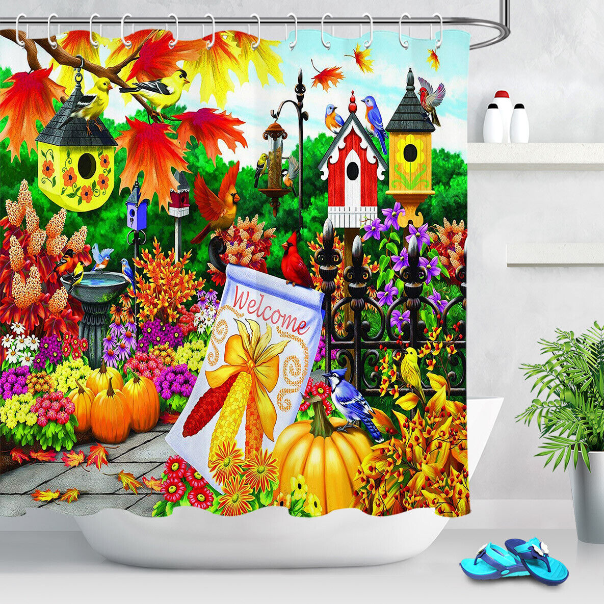 Colorful Autumn Flower Shower Curtain with Pumpkin and Maple for a Seasonal Bathroom