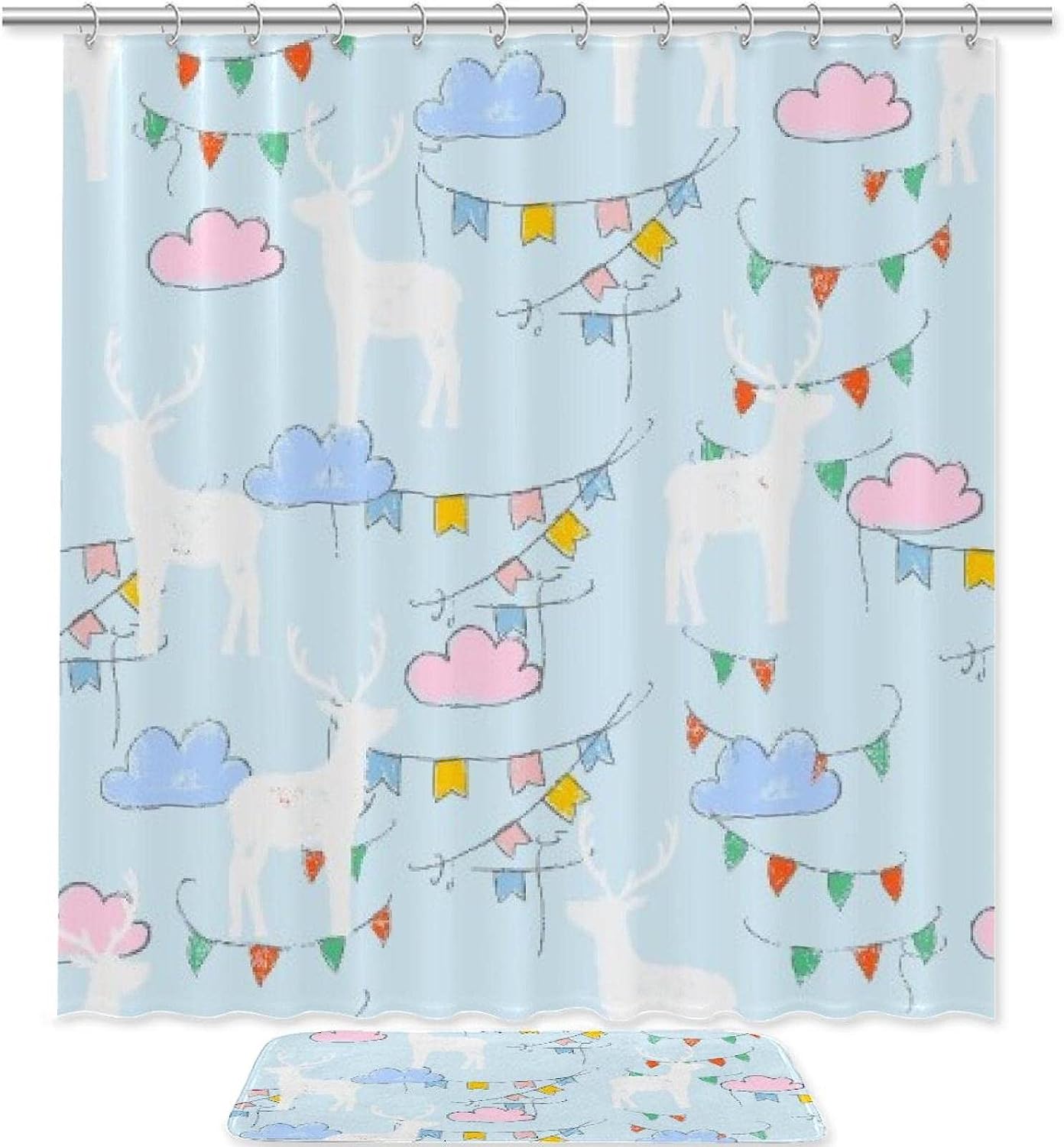 Colorful Banners And Deer Silhouettes Print Shower Curtain For A Playful Bathroom Decor