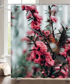 Colorful Bath Decors with Hummingbird and Flowers Fabric Shower Curtain