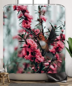 Colorful Bath Decors with Hummingbird and Flowers Fabric Shower Curtain
