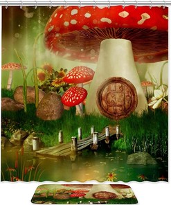 Colorful Big Mushroom House Shower Curtain For Bathroom Decor