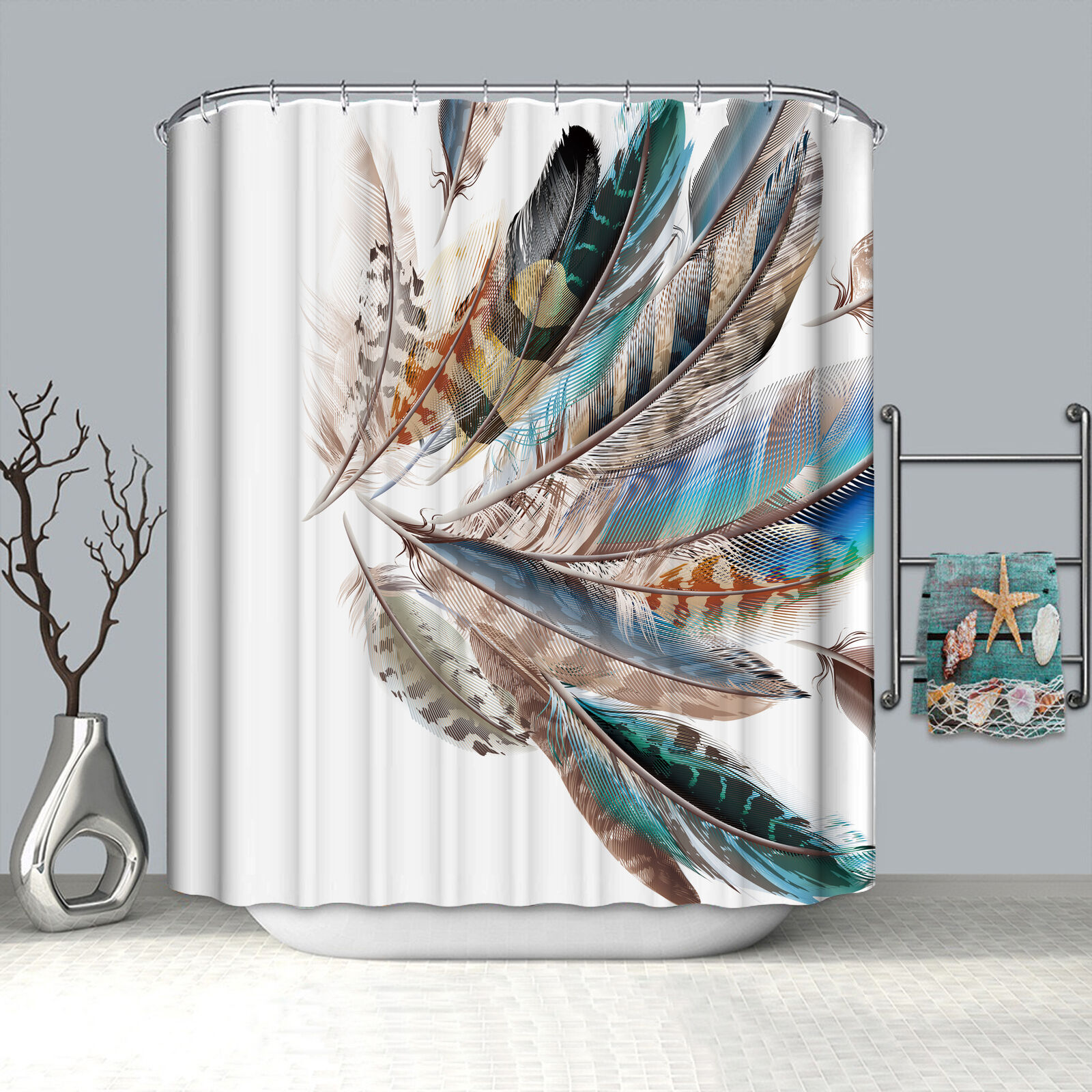 Colorful Bird And Peacock Feather Printed Shower Curtain With Waterproof Fabric