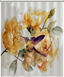 Colorful Bird and Flower Print Shower Curtain for a Cheerful Bathroom Decor