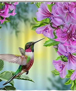 Colorful Birds Lover Fabric Shower Curtain with Hummingbird and Flowers Print
