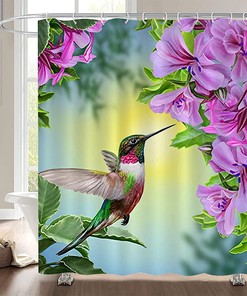 Colorful Birds and Nature Painting Fabric Shower Curtain for a Playful Bathroom