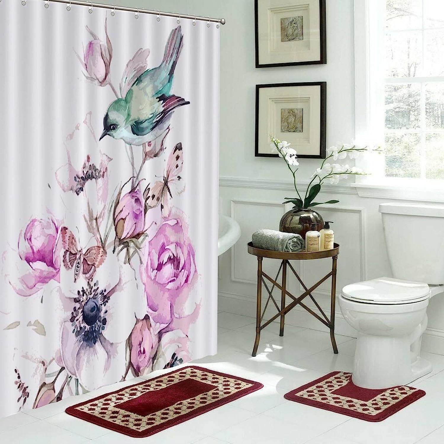 Colorful Birds and Petals Design Shower Curtain for a Fun and Whimsical Bathroom