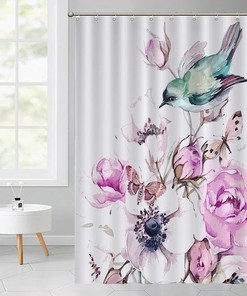 Colorful Birds and Petals Design Shower Curtain for a Fun and Whimsical Bathroom