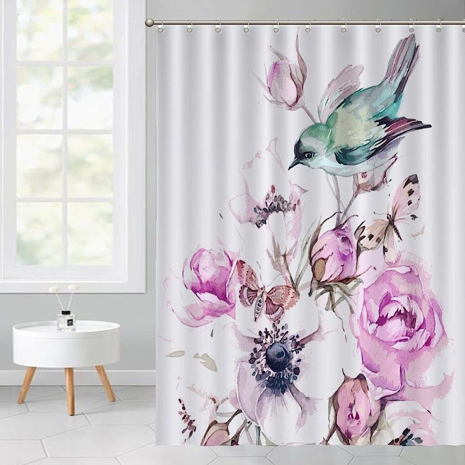 Colorful Birds and Petals Design Shower Curtain for a Fun and Whimsical Bathroom