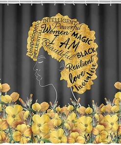Colorful Black Girl African American Woman Yellow Flowers Shower Curtain With Boho Theme For Your Bathroom Decor