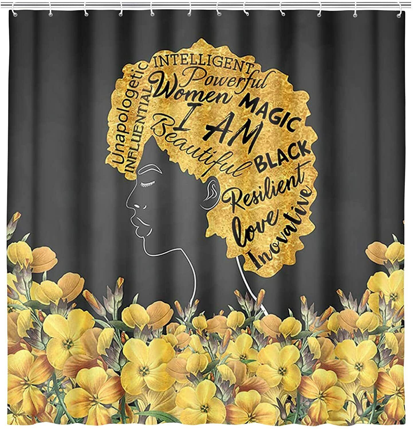 Colorful Black Girl African American Woman Yellow Flowers Shower Curtain With Boho Theme For Your Bathroom Decor