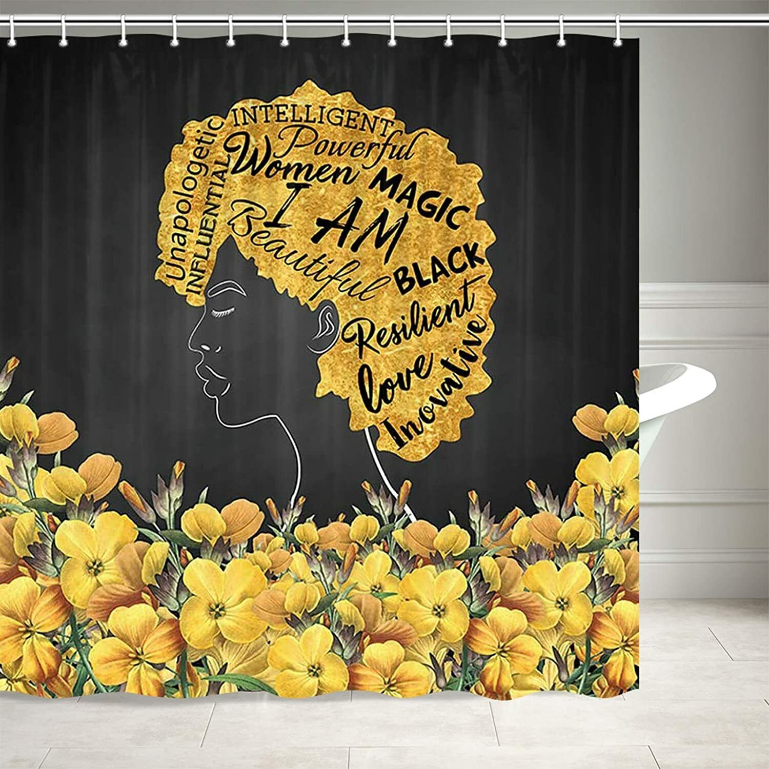 Colorful Black Girl African American Woman Yellow Flowers Shower Curtain With Boho Theme For Your Bathroom Decor - Image 2