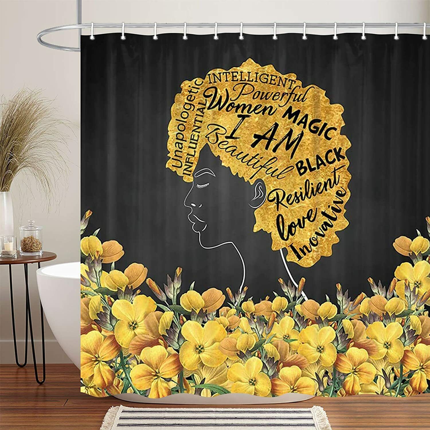 Colorful Black Girl African American Woman Yellow Flowers Shower Curtain With Boho Theme For Your Bathroom Decor - Image 3