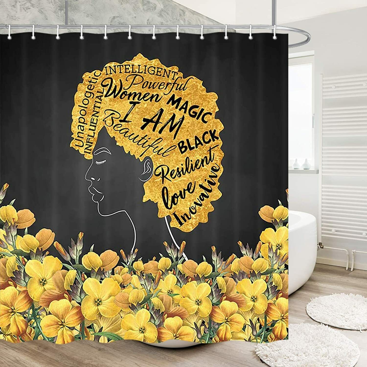 Colorful Black Girl African American Woman Yellow Flowers Shower Curtain With Boho Theme For Your Bathroom Decor - Image 4