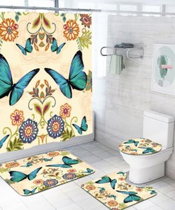 Colorful Blue Butterfly Shower Curtain With Mag Design For Bathroom Decor