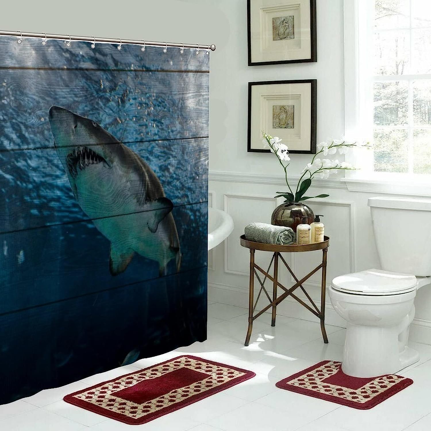 Colorful Blue Ocean Shower Curtain - Big Shark Bathroom Decor