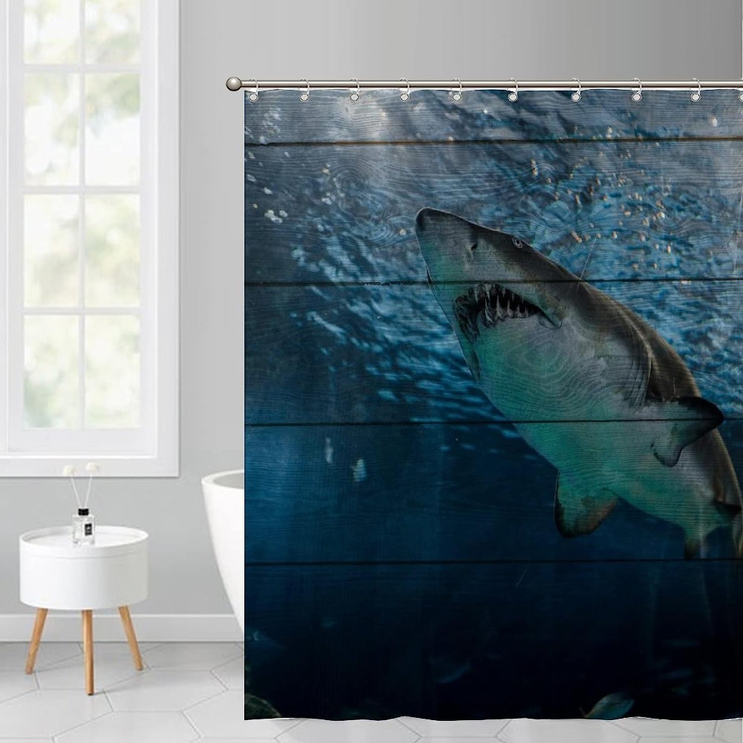 Colorful Blue Ocean Shower Curtain - Big Shark Bathroom Decor