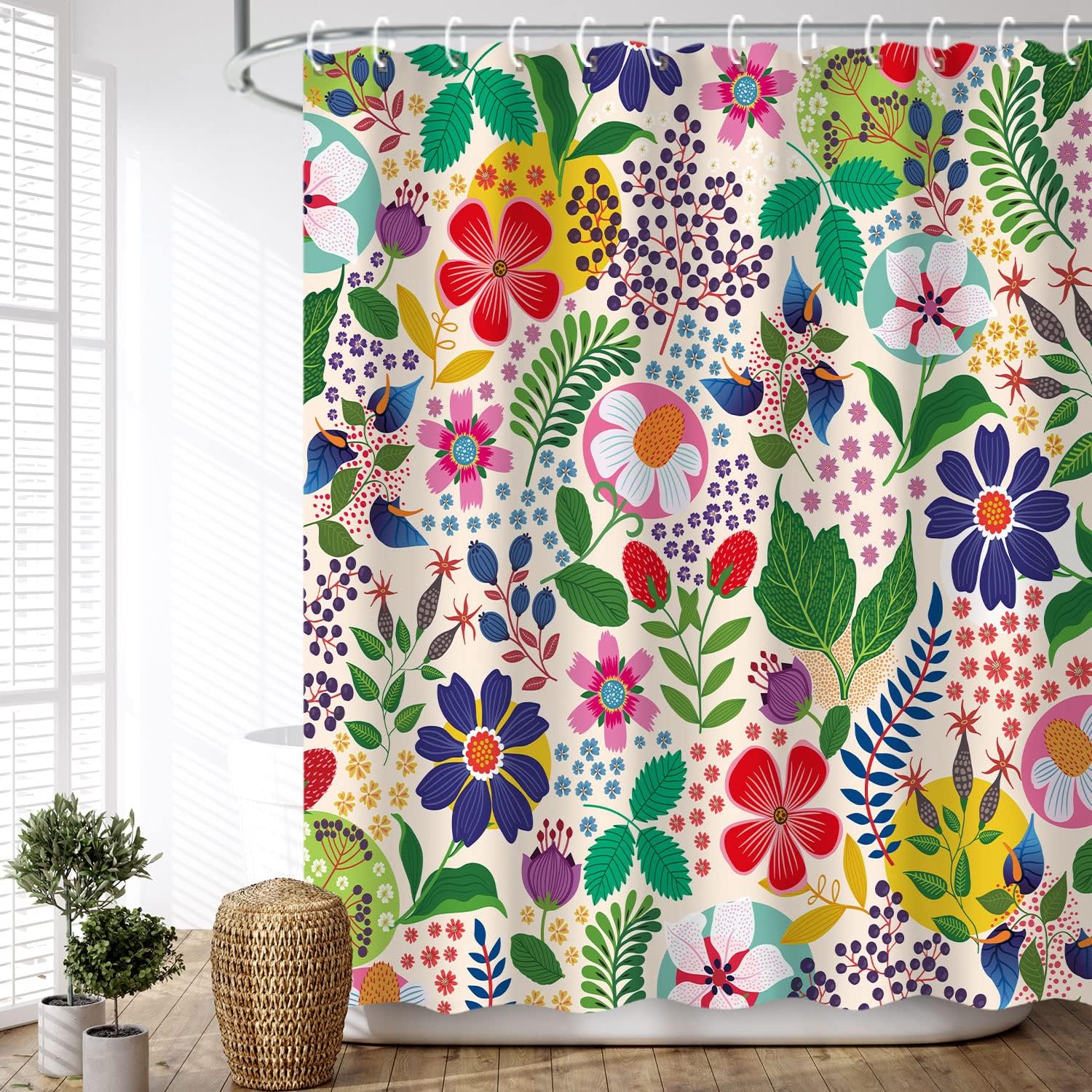 Colorful Bohemian Flowered Shower Curtain for Bathroom
