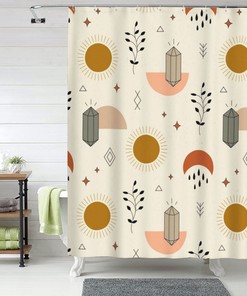 Colorful Boho Shower Curtain With Hand Drawn Sun And Plants Print For Artistic Home Tub Decor