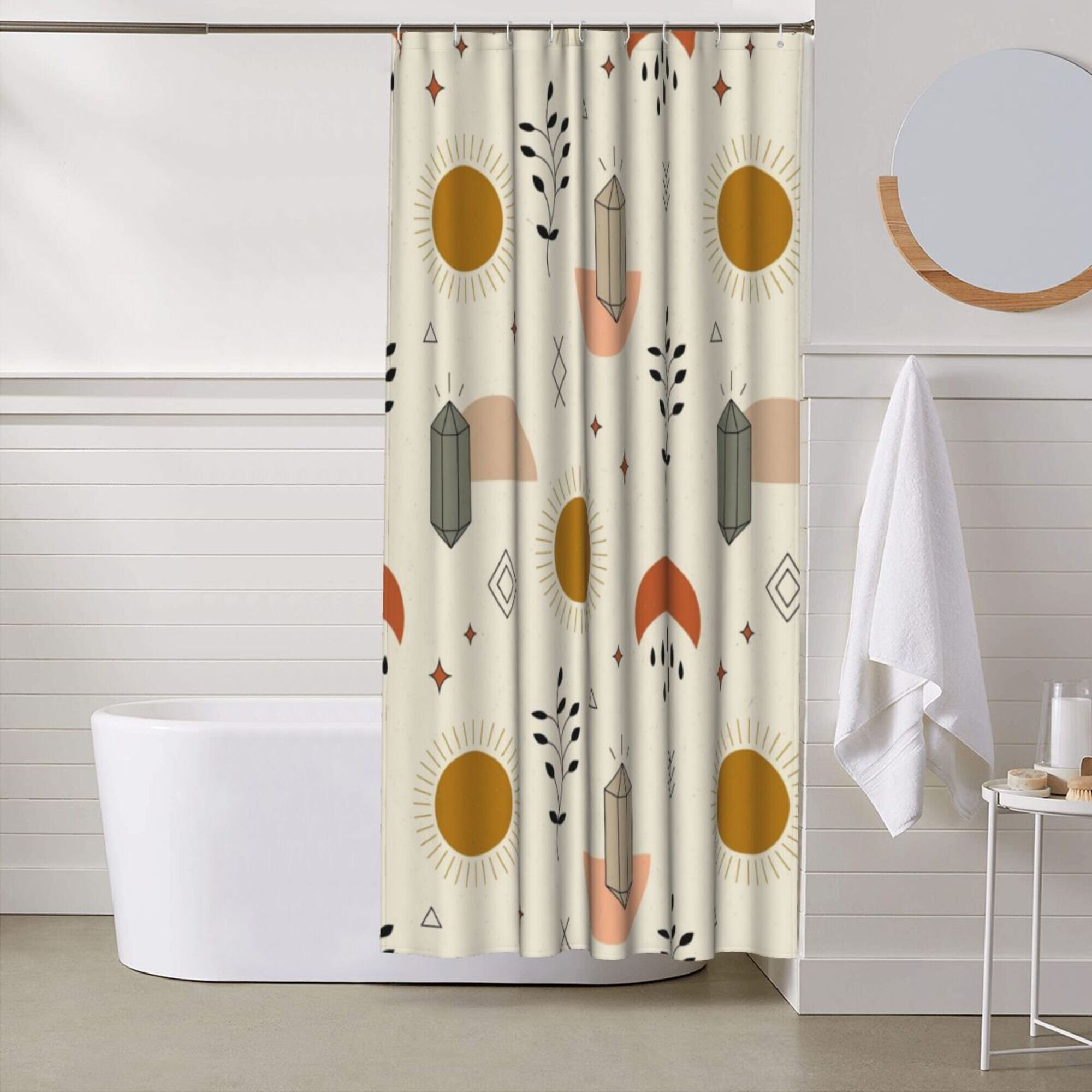Colorful Boho Shower Curtain With Hand Drawn Sun And Plants Print For Artistic Home Tub Decor - Image 2