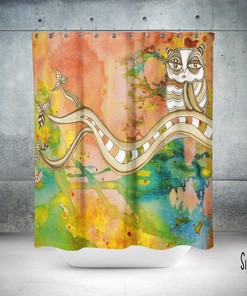 Colorful Boho Shower Curtain with Owl and Hippie Flower Art for Bathroom Accessories