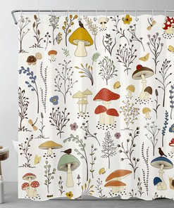 Colorful Botanical Mushroom Shower Curtain Set For A Whimsical Bathroom 