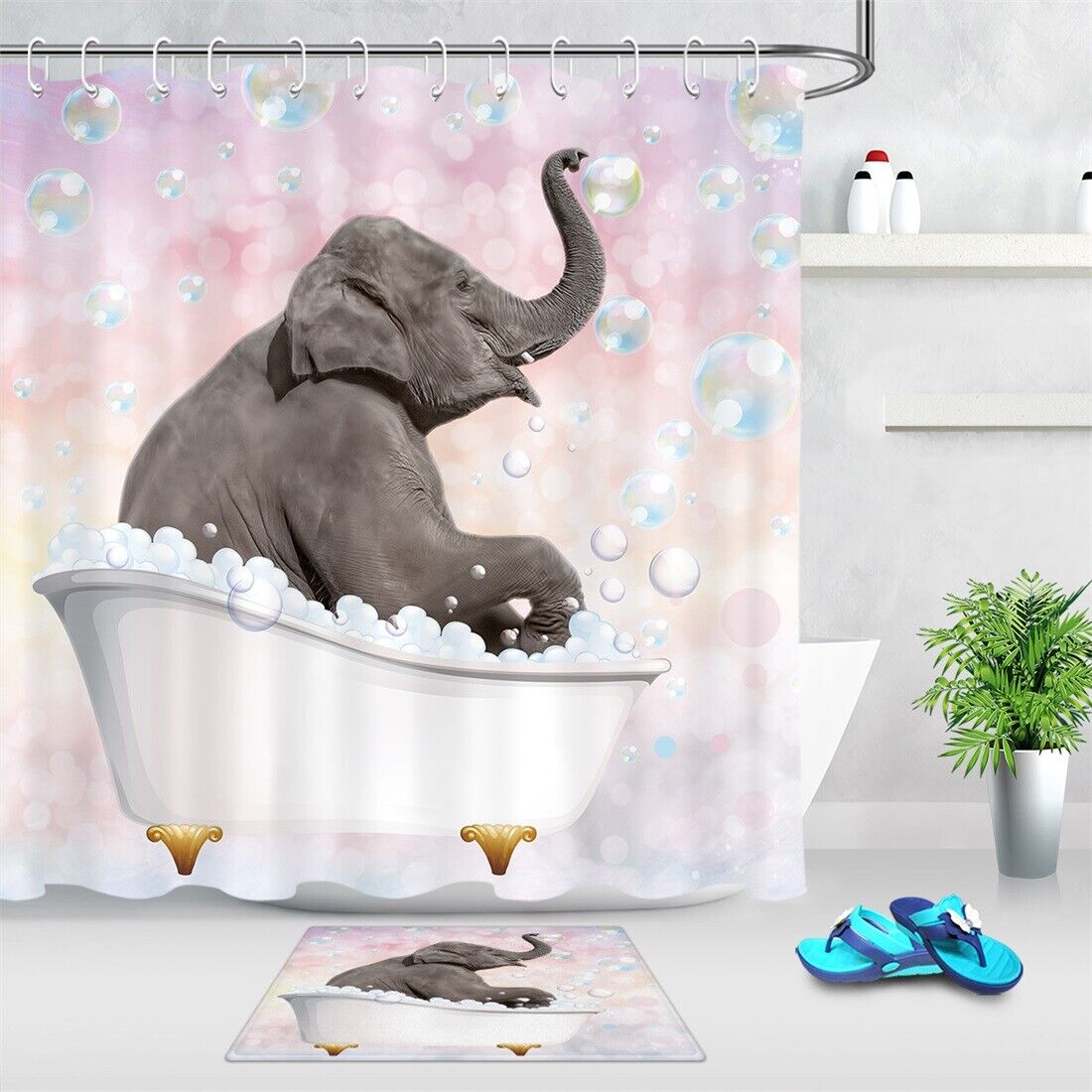 Colorful Bubbles Bathtub Funny Elephant Shower Curtain - Bathroom Decoration