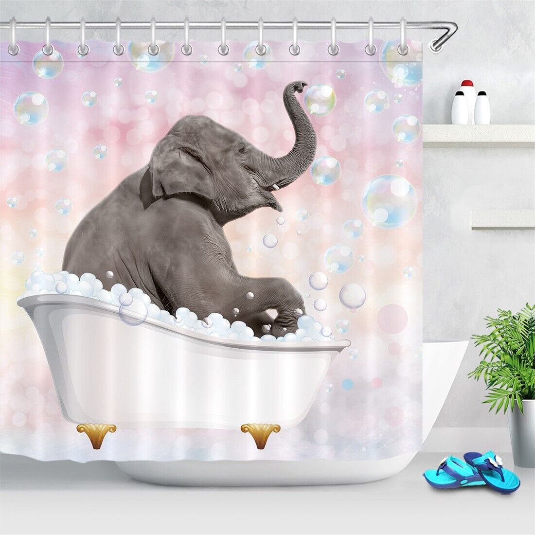Colorful Bubbles Bathtub Funny Elephant Shower Curtain - Bathroom Decoration