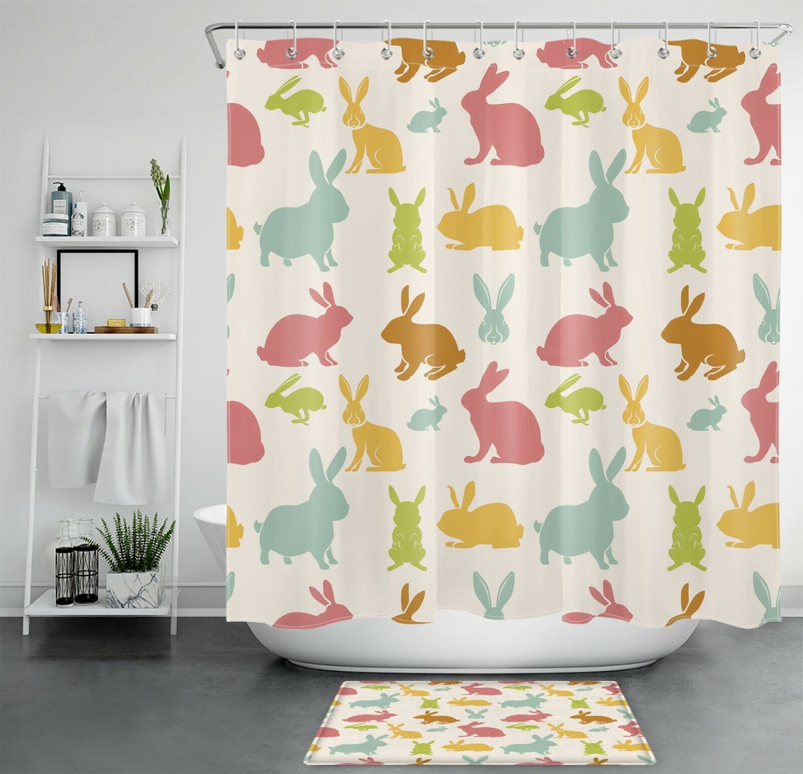 Colorful Bunny Spring Shower Curtain - Fun And Cute Easter Animals For Bathroom Accessory