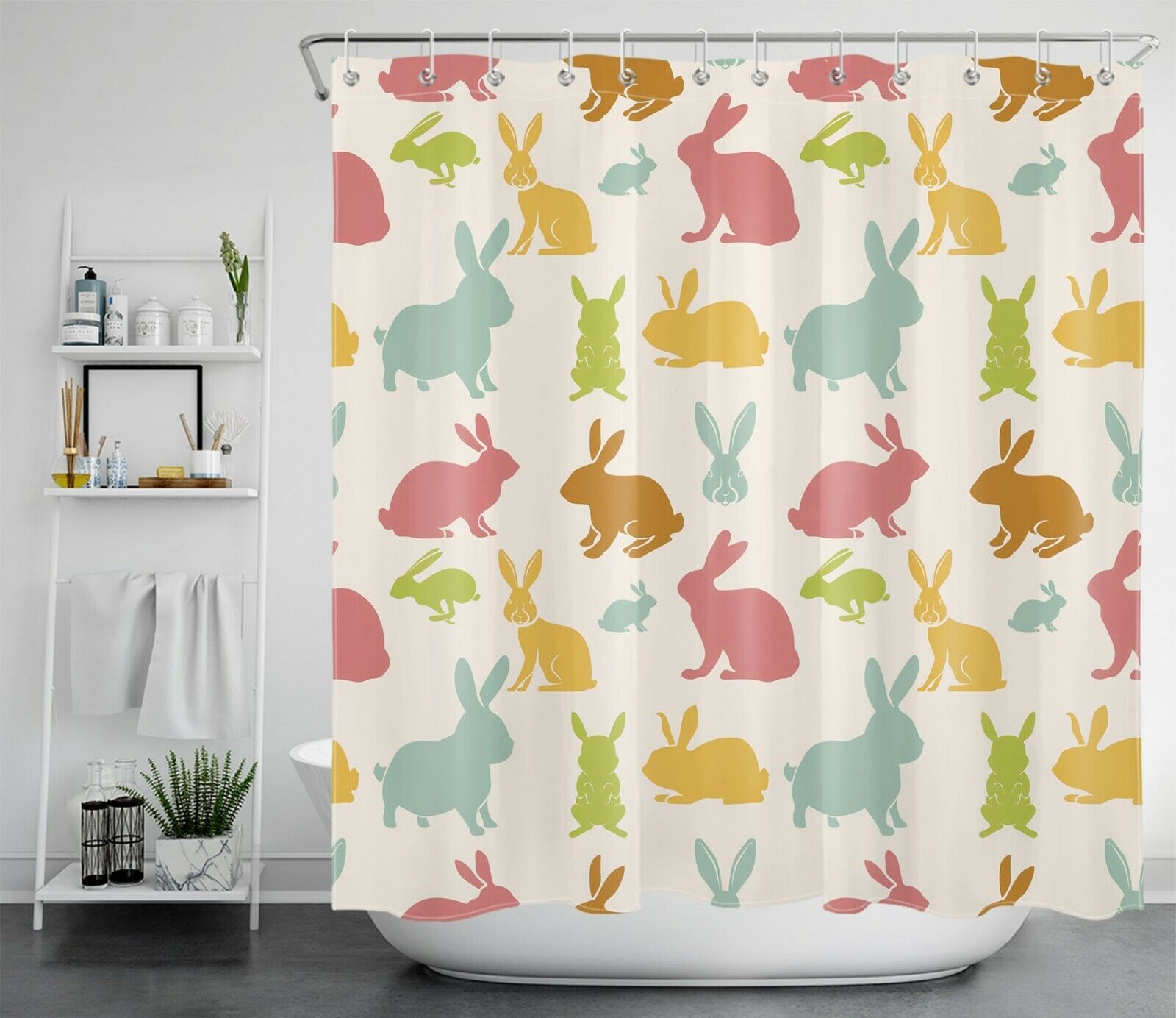Colorful Bunny Spring Shower Curtain - Fun And Cute Easter Animals For Bathroom Accessory