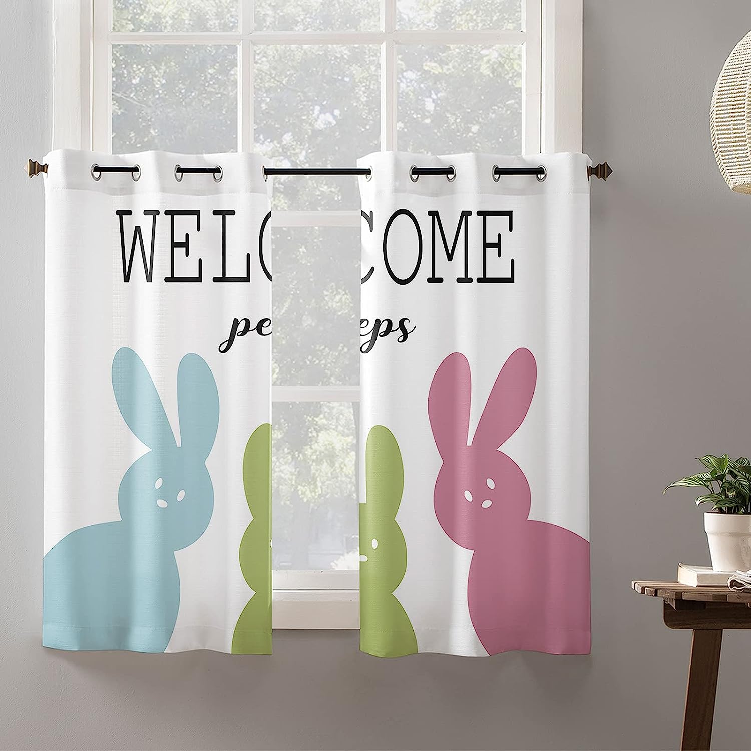 Colorful Bunnys Sheer Curtains for Easter Welcome Peeps Bedroom and Living Room Window Curtain Panels