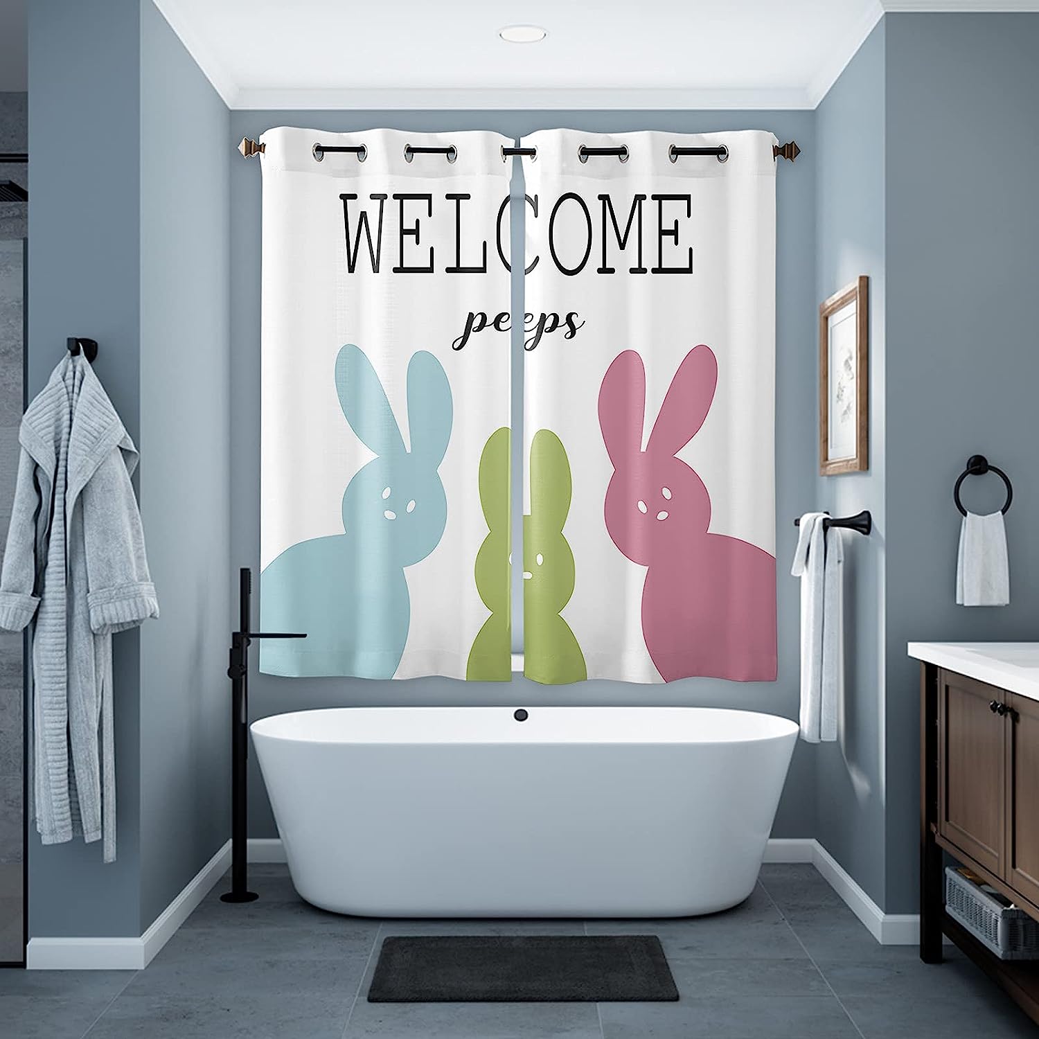 Colorful Bunnys Sheer Curtains for Easter Welcome Peeps Bedroom and Living Room Window Curtain Panels