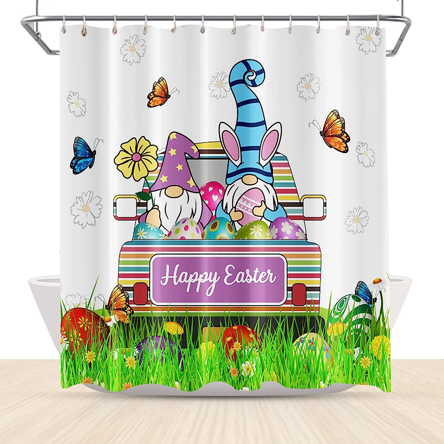 Colorful Butterflies and Easter Eggs on the Gnome Shower Curtain