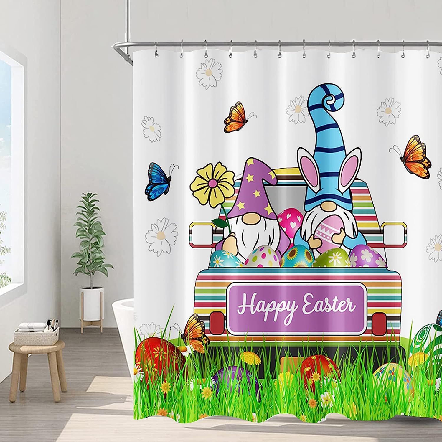 Colorful Butterflies and Easter Eggs on the Gnome Shower Curtain