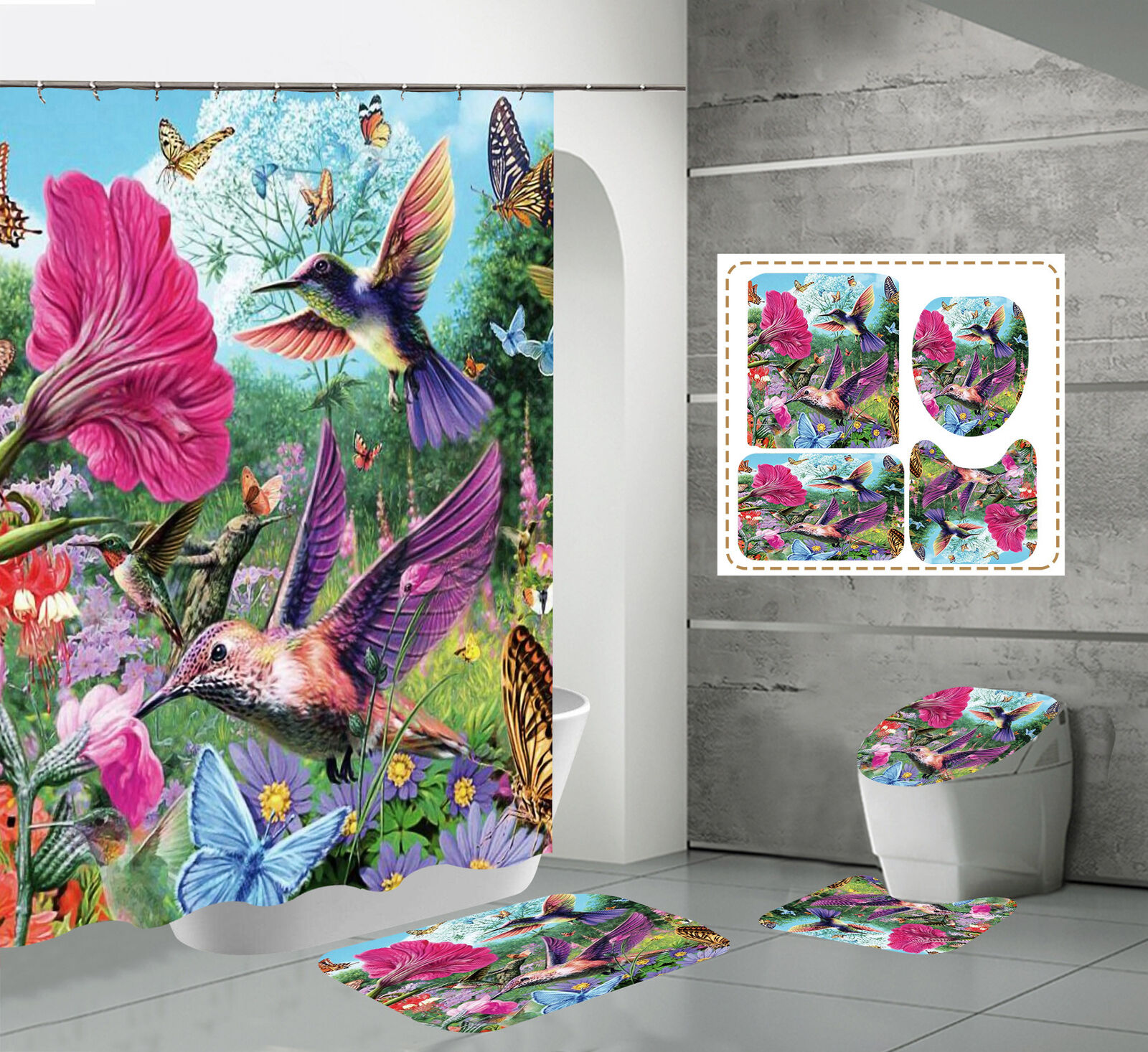 Colorful Butterfly And Flower Bird Shower Curtain For Lovely Bathroom Decor