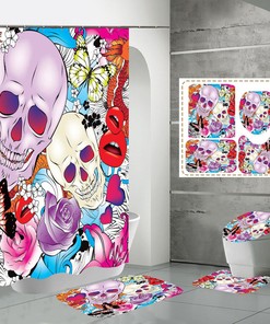 Colorful Butterfly Flower Print Skull Shower Curtain - Gothic Bathroom Decor with Unique Design