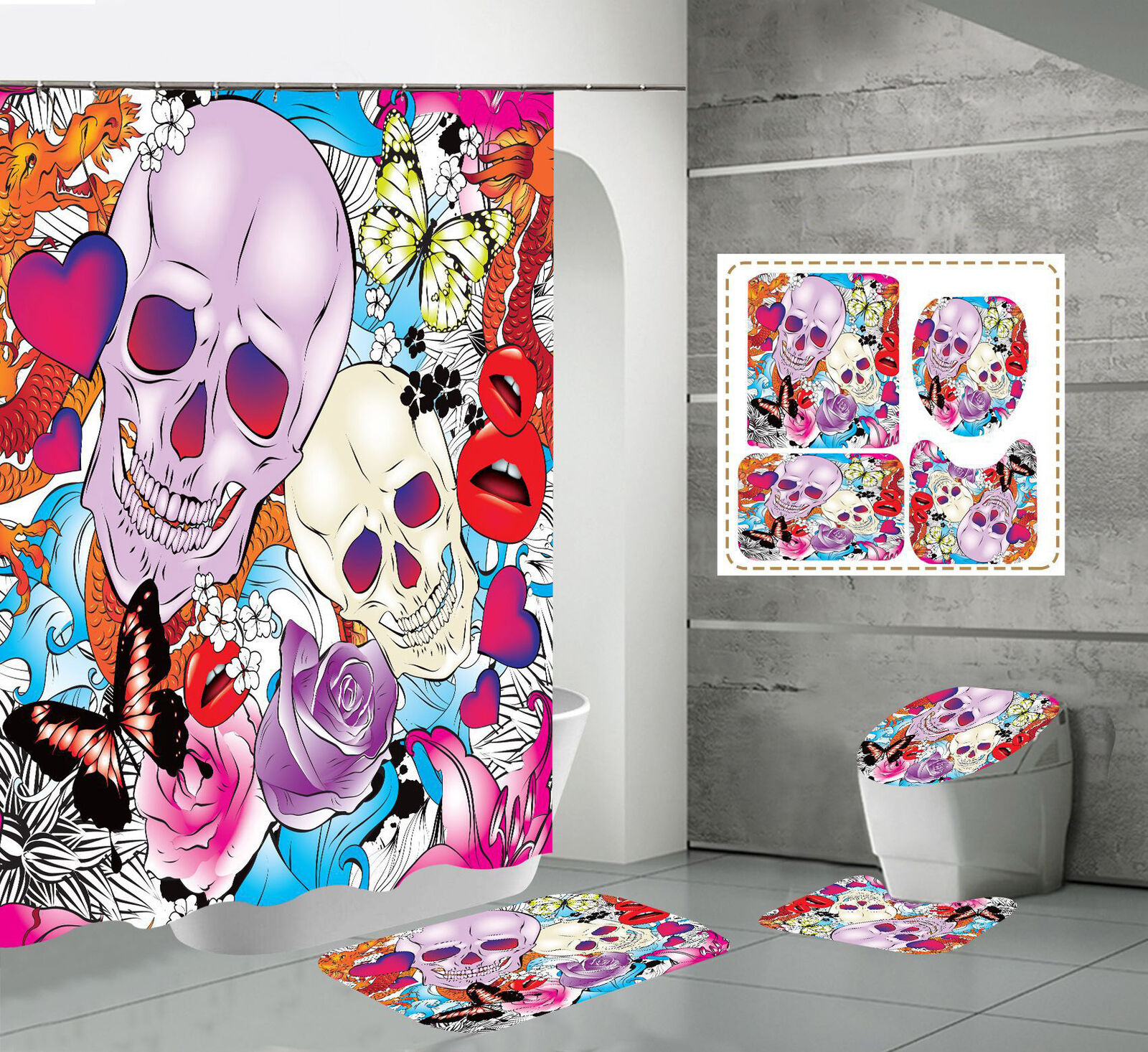 Colorful Butterfly Flower Print Skull Shower Curtain - Gothic Bathroom Decor with Unique Design