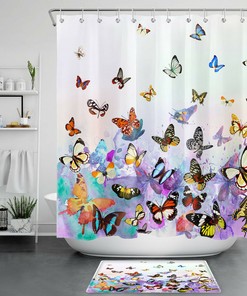 Colorful Butterfly Shower Curtain in Gradient Purple Backdrop