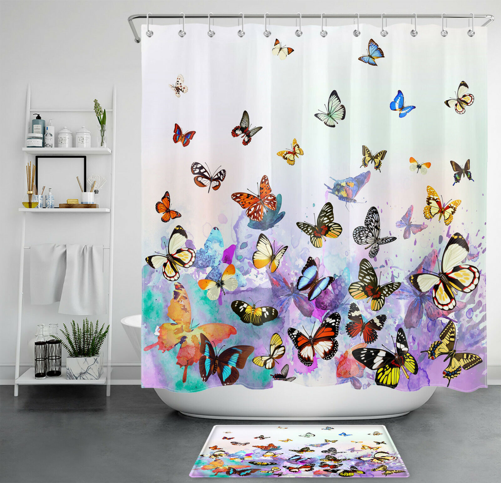 Colorful Butterfly Shower Curtain in Gradient Purple Backdrop