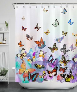 Colorful Butterfly Shower Curtain in Gradient Purple Backdrop