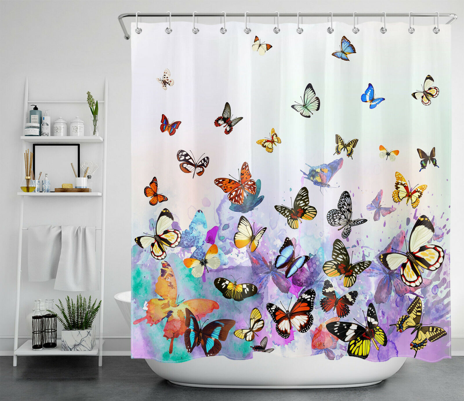 Colorful Butterfly Shower Curtain in Gradient Purple Backdrop