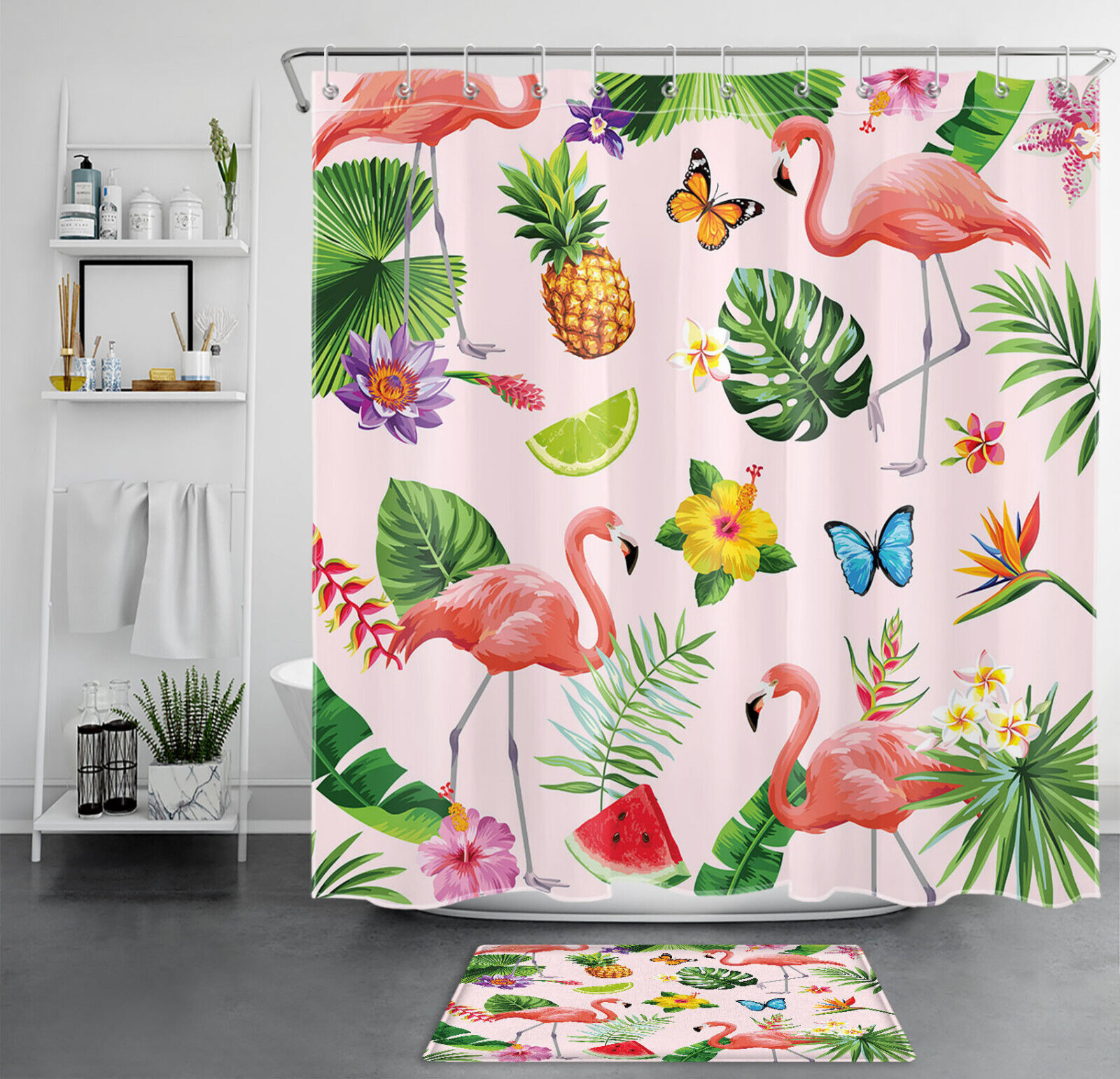 Colorful Butterfly Tropical Plant Flamingo Shower Curtain For Bathroom Decor